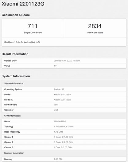 Blog_ همدان Xiaomi 12 global variant spotted on Geekbench running Android 12